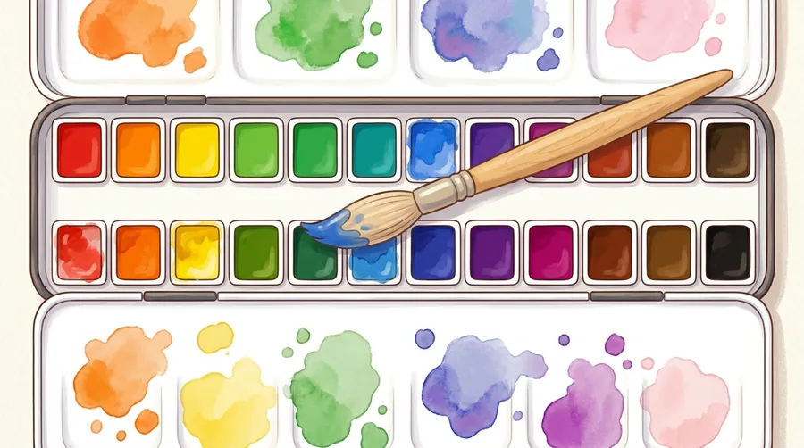 A watercolour paint set showing many tints and shades of colour