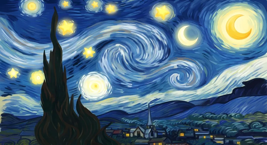 Van Gogh's The Starry Night with its swirling night sky and bright stars