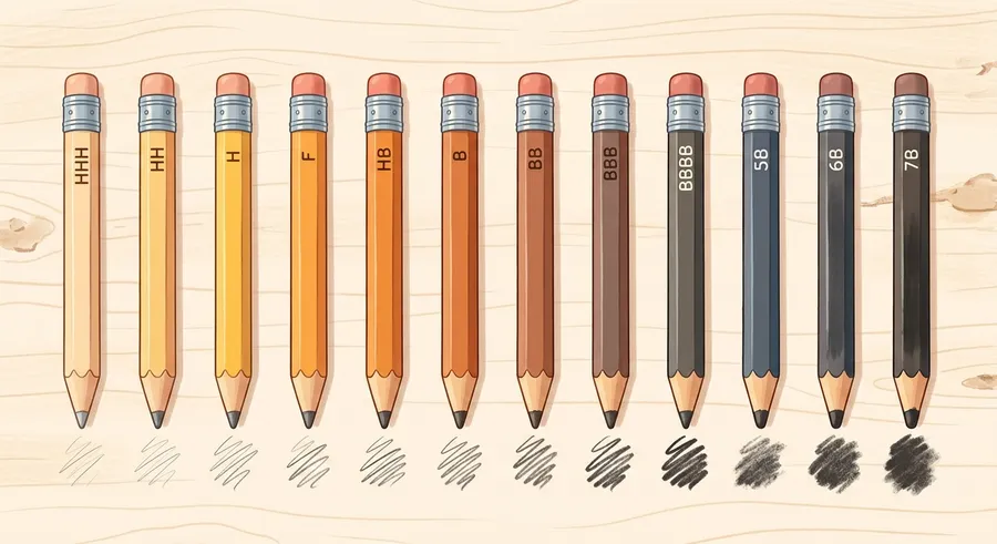 A set of graphite pencils in different grades from hard H to soft B