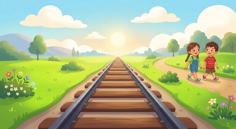 Railway tracks converging at a single vanishing point on the horizon