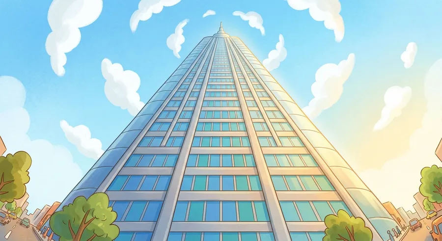 A tall skyscraper viewed from below, showing dramatic three-point perspective