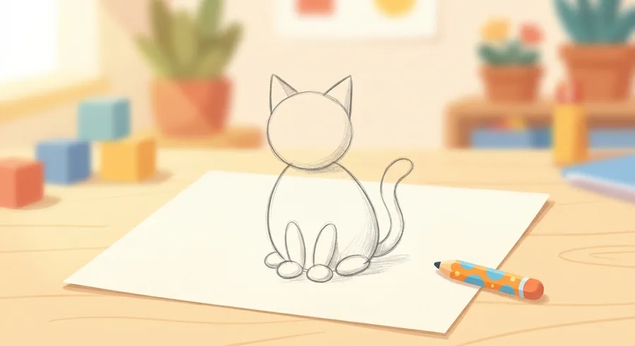 A pencil sketch of a cat built from circles and ovals