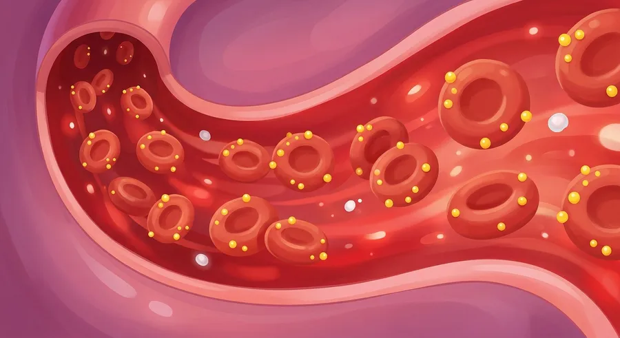 An illustration of doughnut-shaped red blood cells carrying oxygen