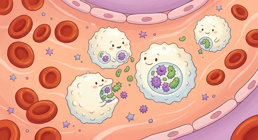 An illustration of white blood cells defending against germs