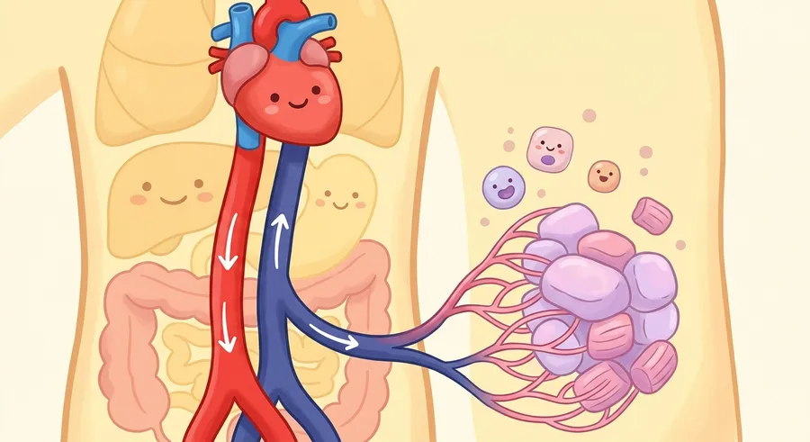 A diagram of arteries, veins, and capillaries carrying blood