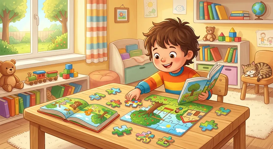 A child reading and solving puzzles to give the brain a workout