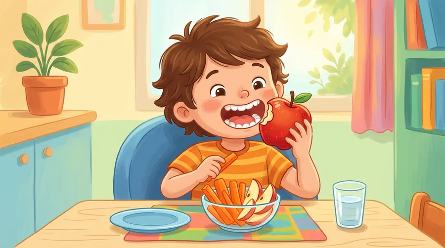 A child chewing food to begin digestion in the mouth