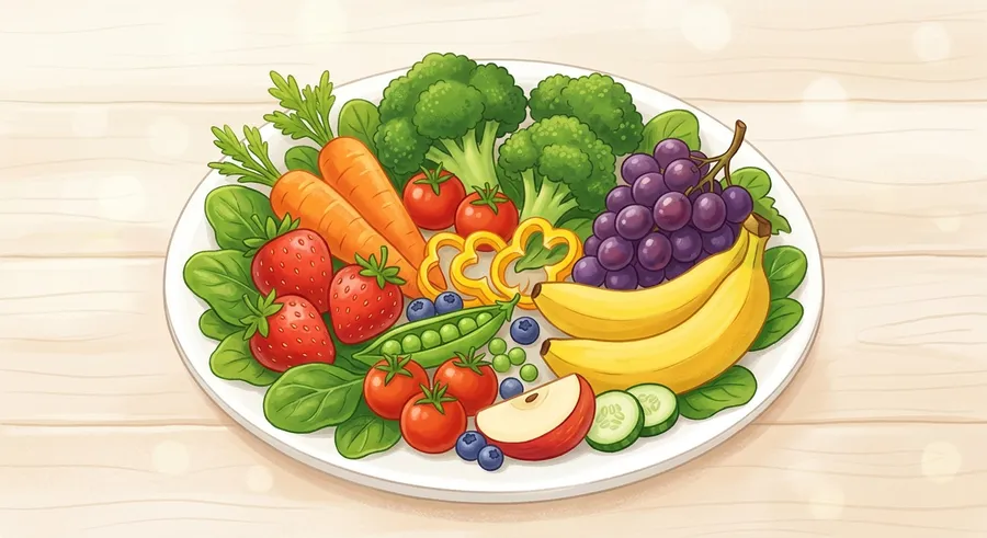 A colourful plate of fruits and vegetables full of fibre