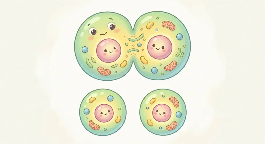 An illustration of a cell splitting in two to make new cells