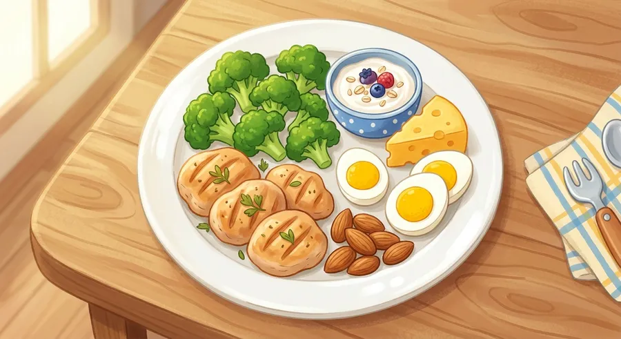 A plate of healthy foods rich in protein and calcium for growing