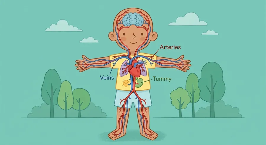 A diagram of blood vessels carrying blood around the body