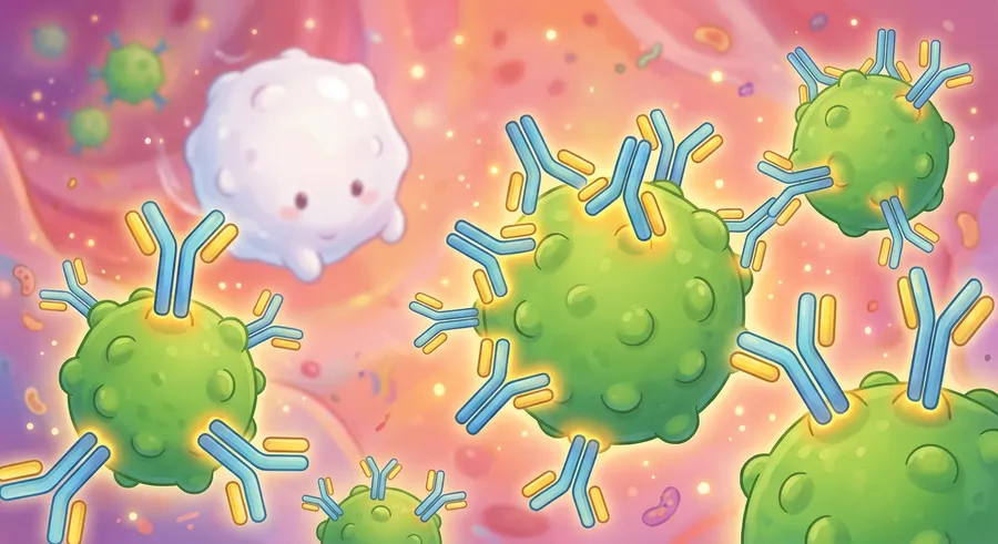 An illustration of antibodies marking germs for destruction