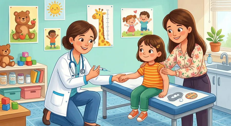 A friendly cartoon of a child getting a vaccine from a doctor