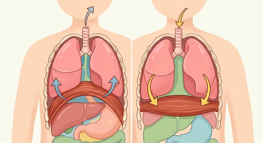 A diagram of the dome-shaped diaphragm muscle below the lungs
