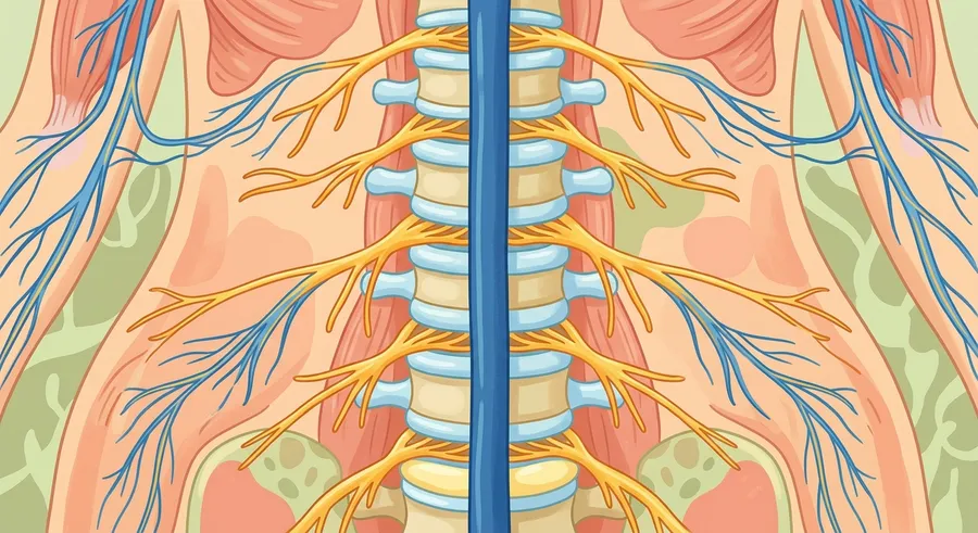 An illustration of the spinal cord with nerves branching out