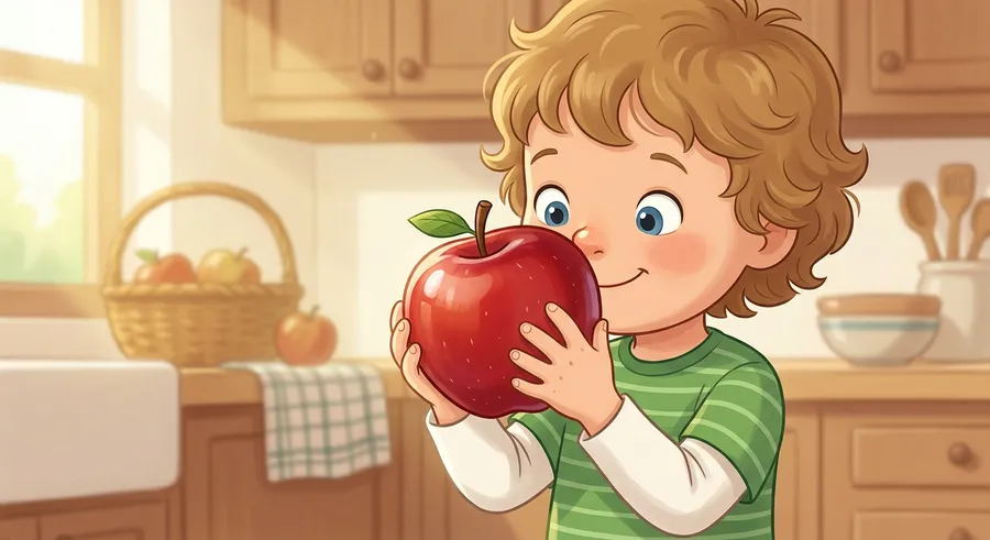A child using sight, smell, and touch to enjoy a red apple