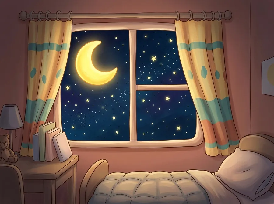 A dark night sky outside a bedroom window at sleep time
