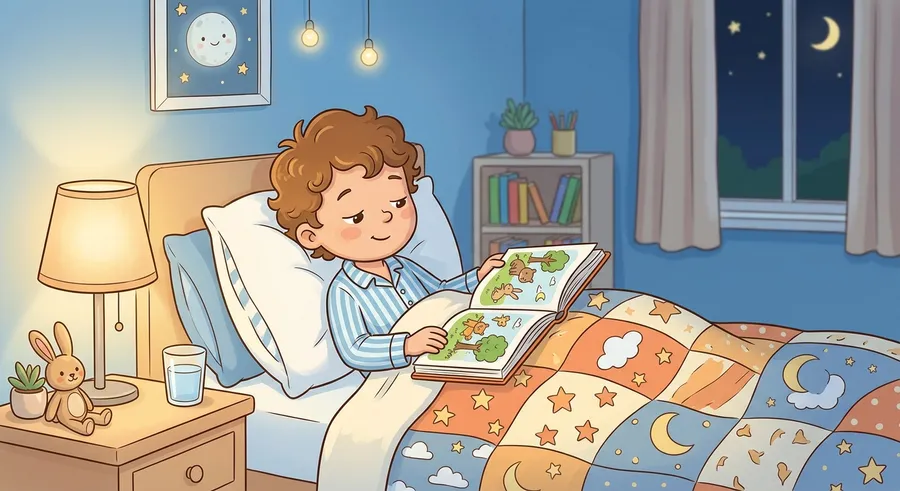 A child reading a calming bedtime story in dim light