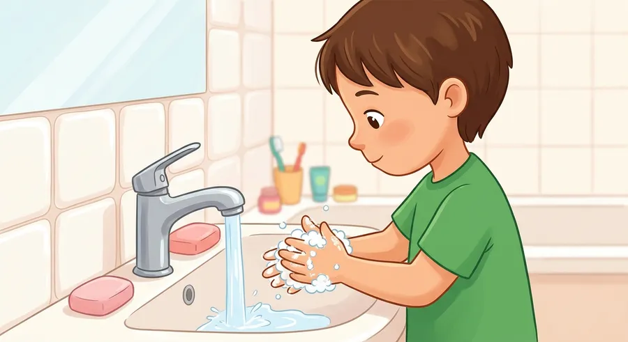 A child washing their hands with soap to stop germs
