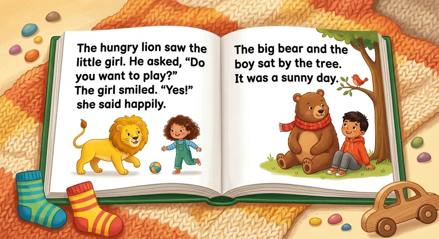 An open storybook showing pages full of large printed words
