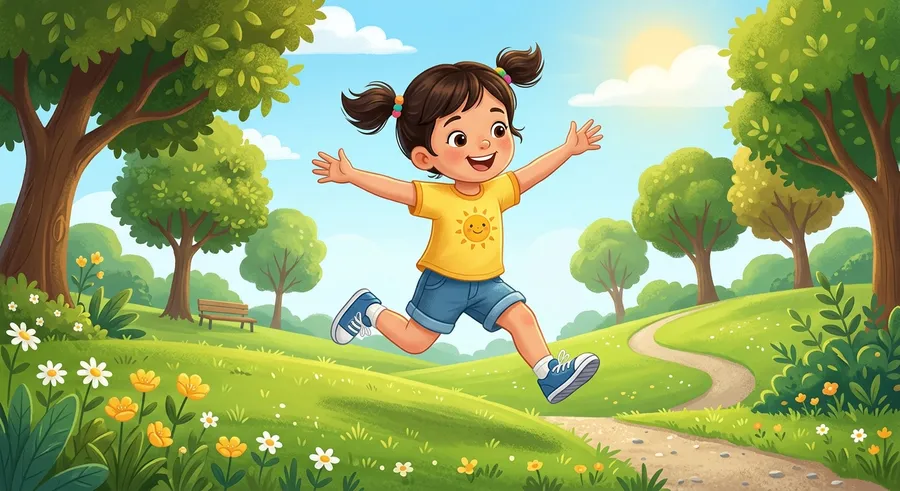 A child running and jumping outdoors, showing an action