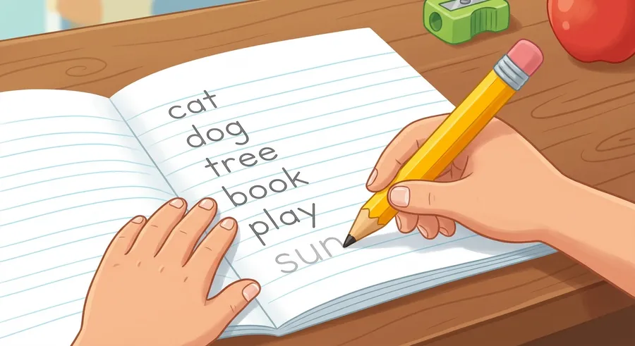 A pencil writing words neatly in a lined notebook