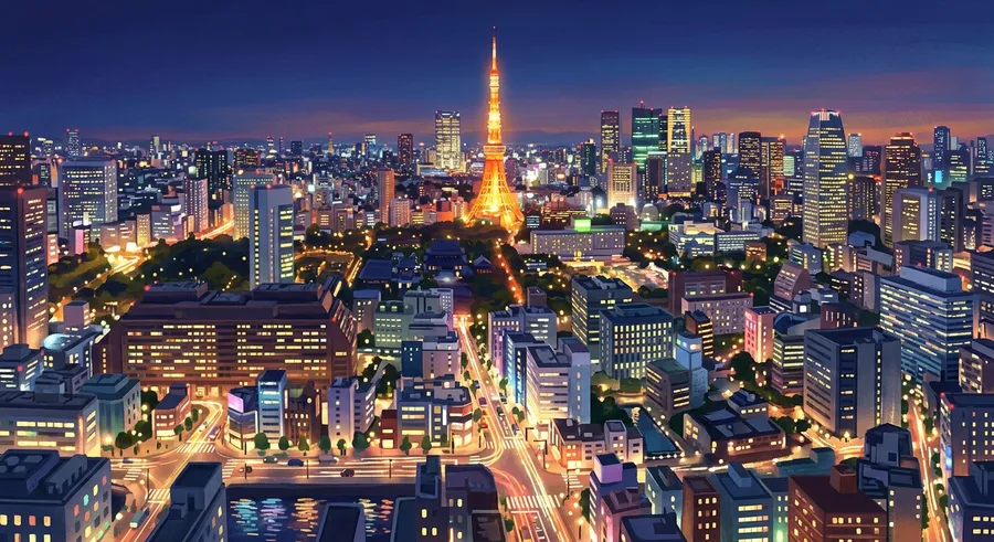 The huge Tokyo skyline lit up with city lights at night