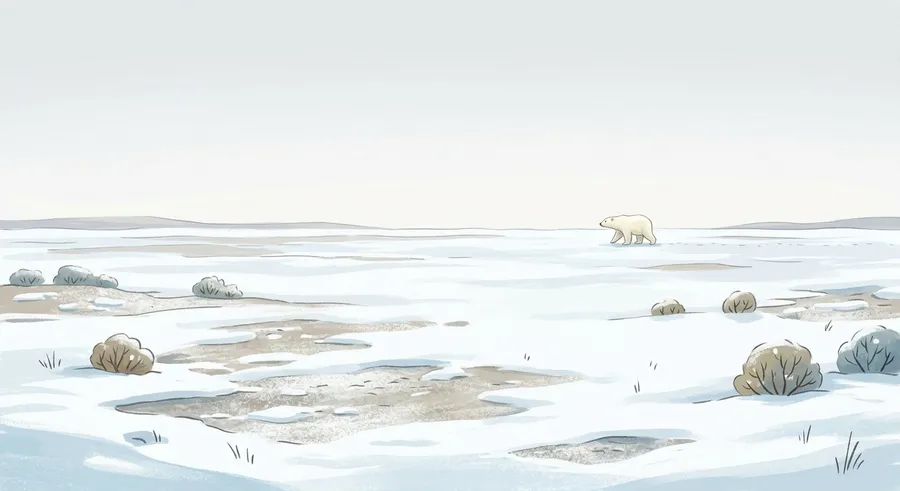 A frozen Arctic tundra landscape in the cold polar zone