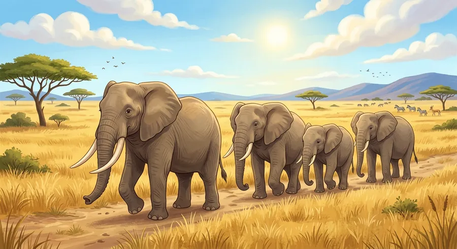 Elephants walking across a wide African grassland