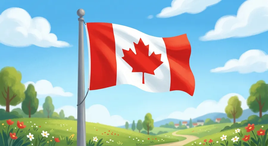 The Canadian flag with its red maple leaf waving in the wind