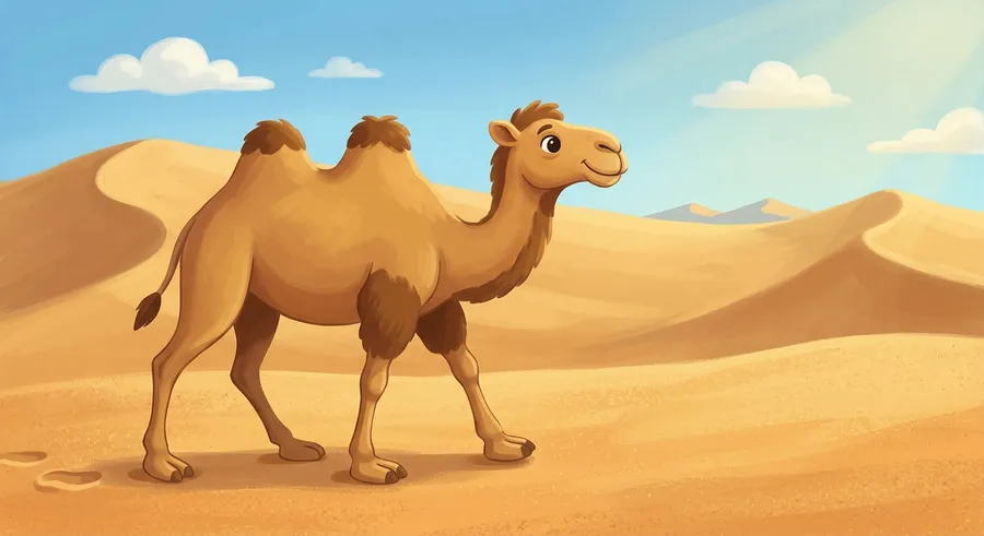 A camel walking across desert sand dunes