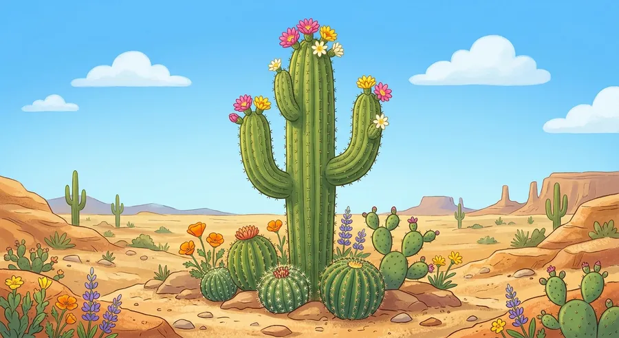 A tall cactus and colourful flowers blooming in the desert