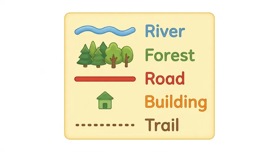 A map key showing symbols for rivers, forests and roads