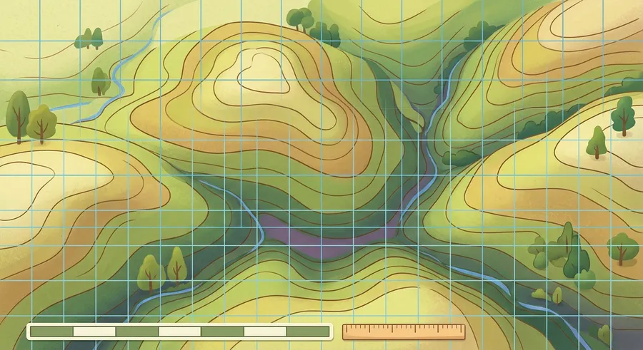 A detailed map with a grid of squares and a scale bar