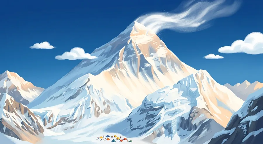 The snow-covered summit of Mount Everest towering into the sky