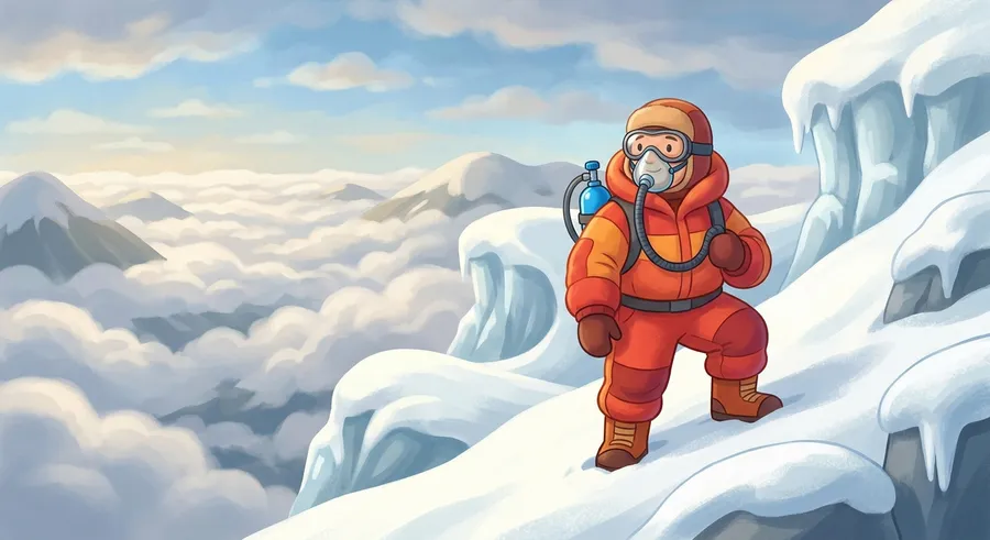 A climber high on a snowy mountain wearing an oxygen mask