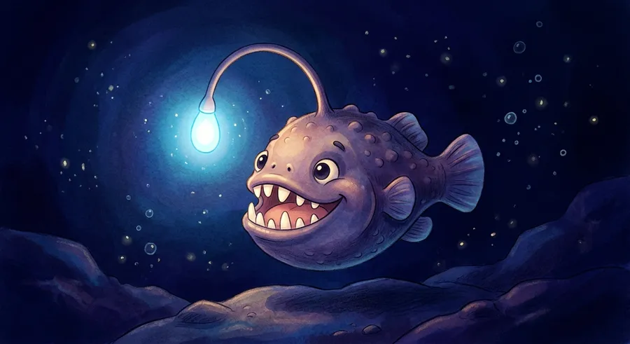 A glowing anglerfish in the dark depths of the ocean