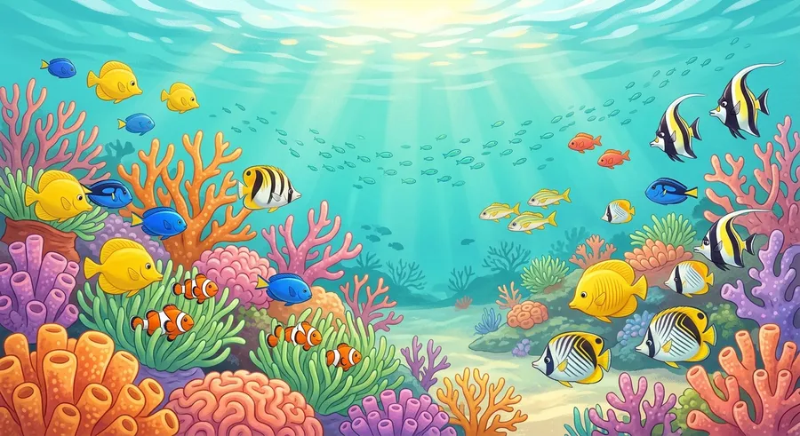 A bright coral reef teeming with colourful tropical fish