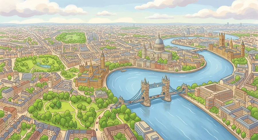 An aerial view of London along the River Thames