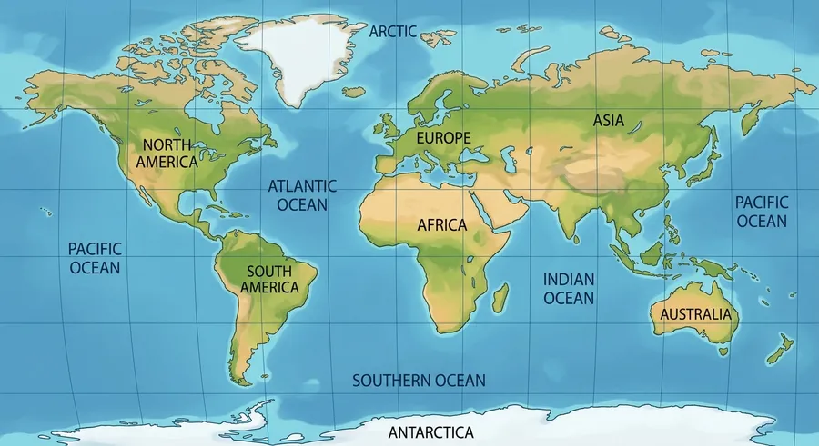 A flat Mercator projection world map showing stretched continents