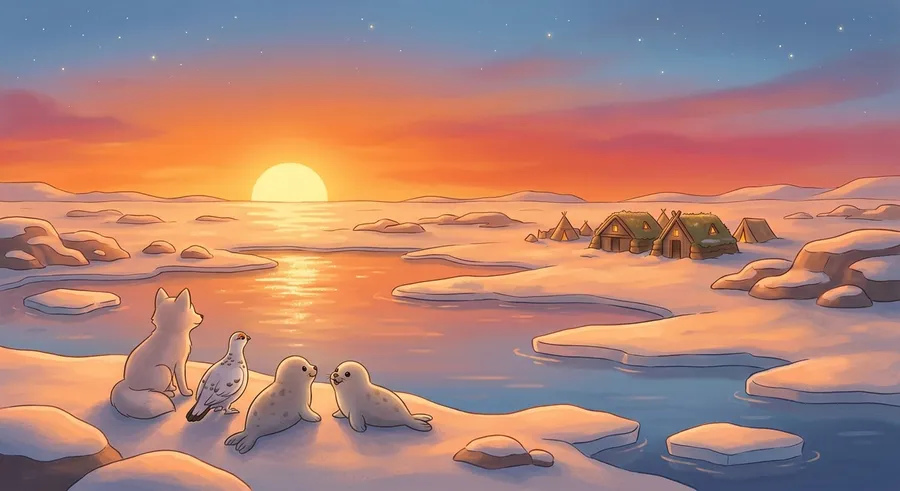 The midnight Sun glowing low over the Arctic horizon