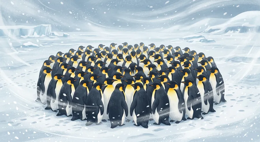 Emperor penguins huddling together in the Antarctic snow