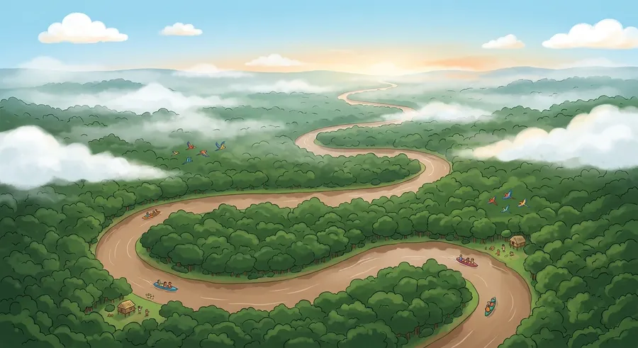 Mist rising over the vast Amazon rainforest and its river