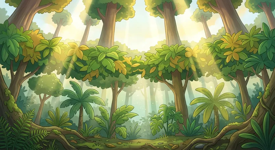 Tall rainforest trees with sunlight filtering through the layers