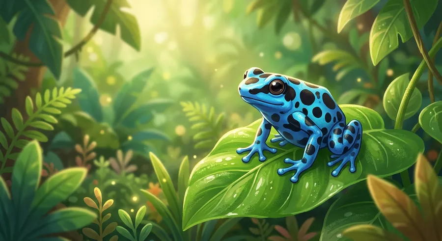 A small brightly coloured tree frog on a rainforest leaf