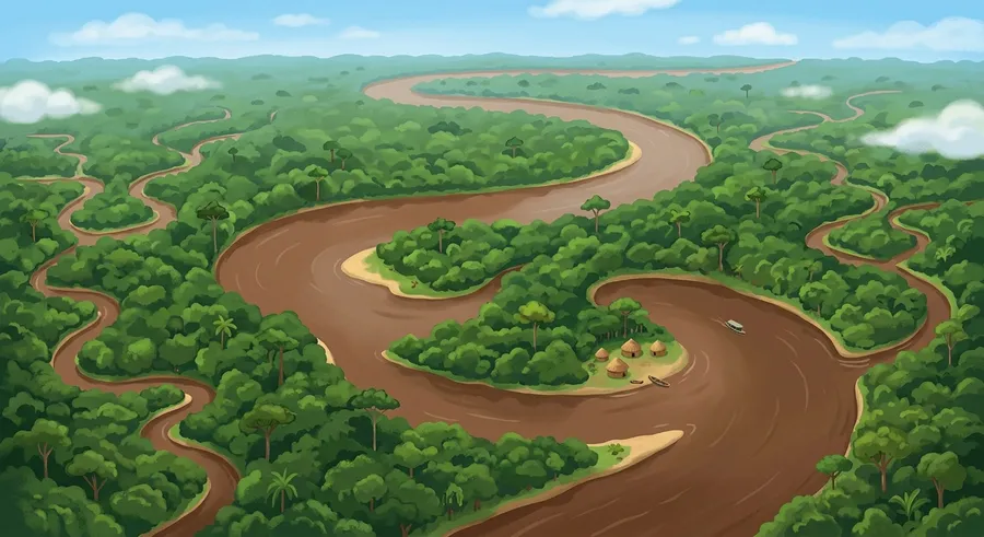 The wide Amazon River curving through dense green rainforest