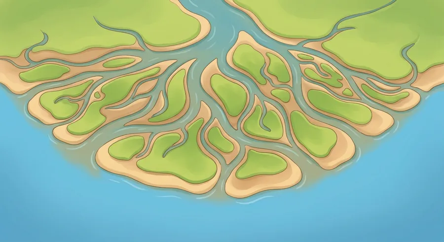 A fan-shaped river delta where the river meets the sea