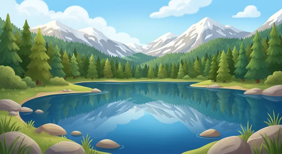 A calm blue lake surrounded by mountains and forest