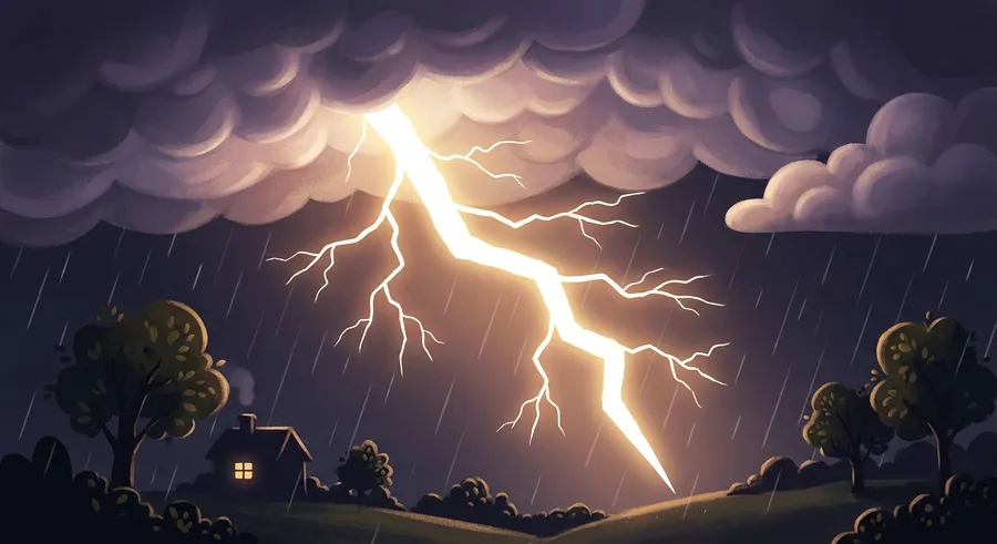 A bright lightning bolt striking down from a dark storm sky