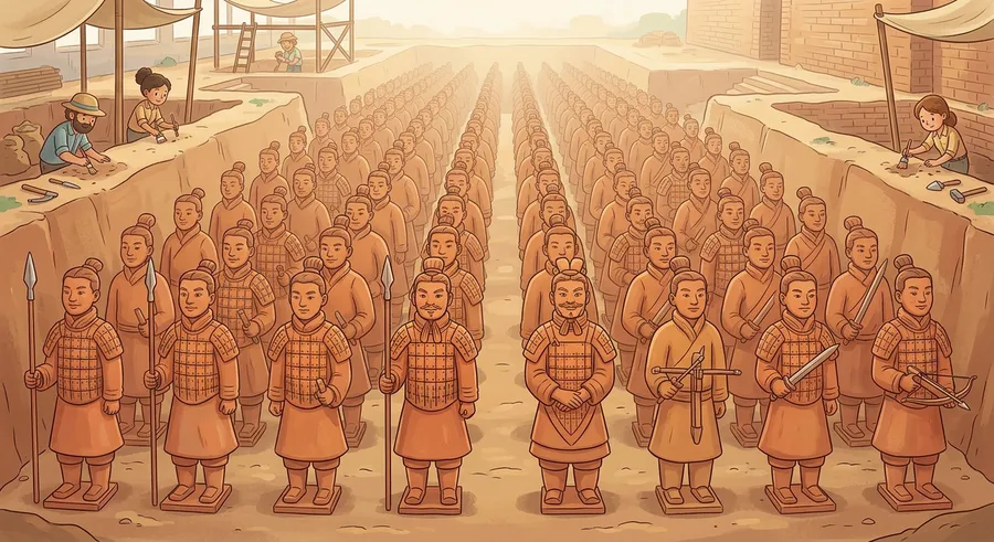 Rows of life-sized terracotta clay soldiers from China's First Emperor's tomb